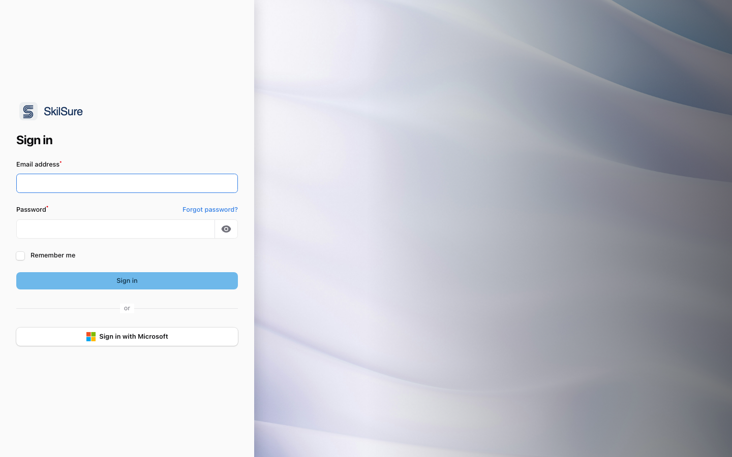 SkilSure 2.0 sign-in page with email, password, remember me, and sign-in with Microsoft.
