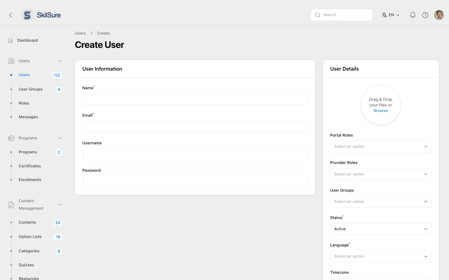 New user form with name, email, role, and portal fields.