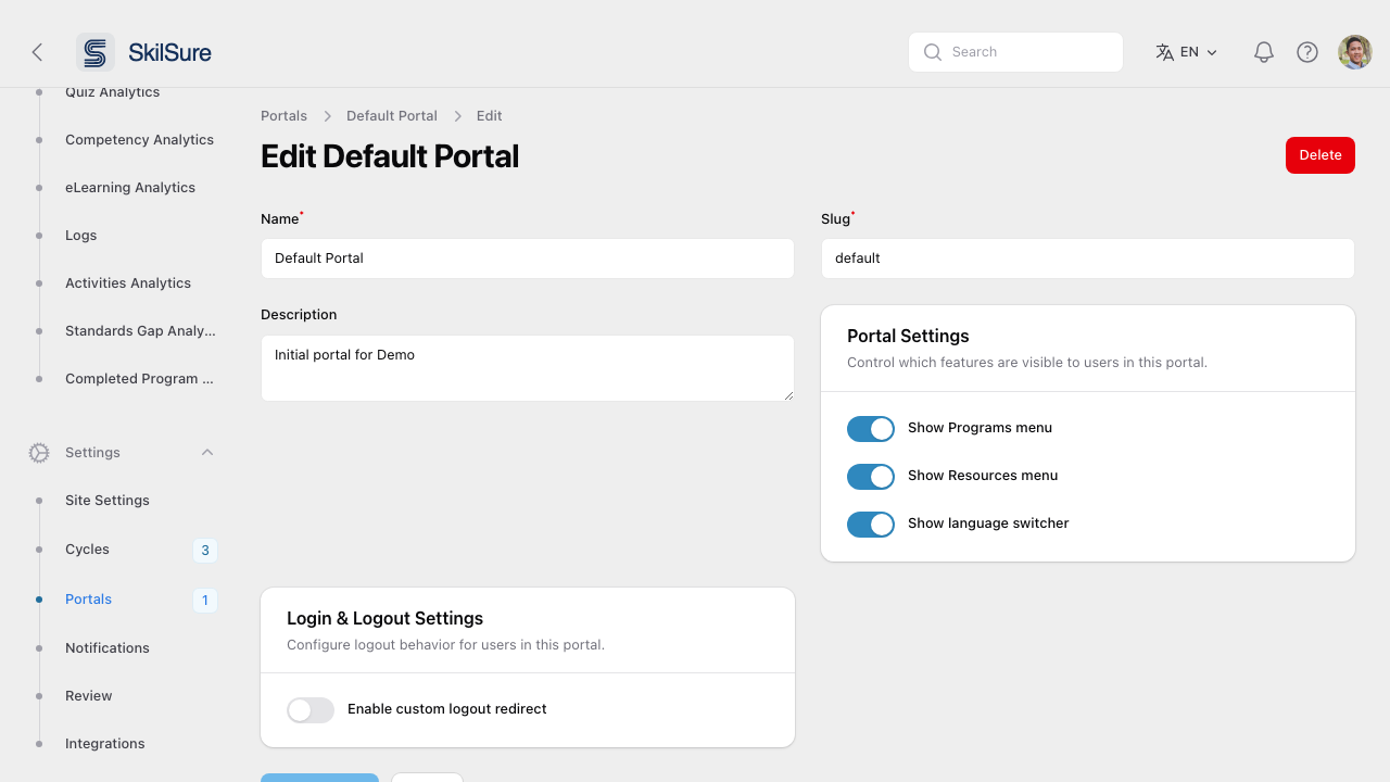Portal edit page with branding, navigation, and homepage settings.