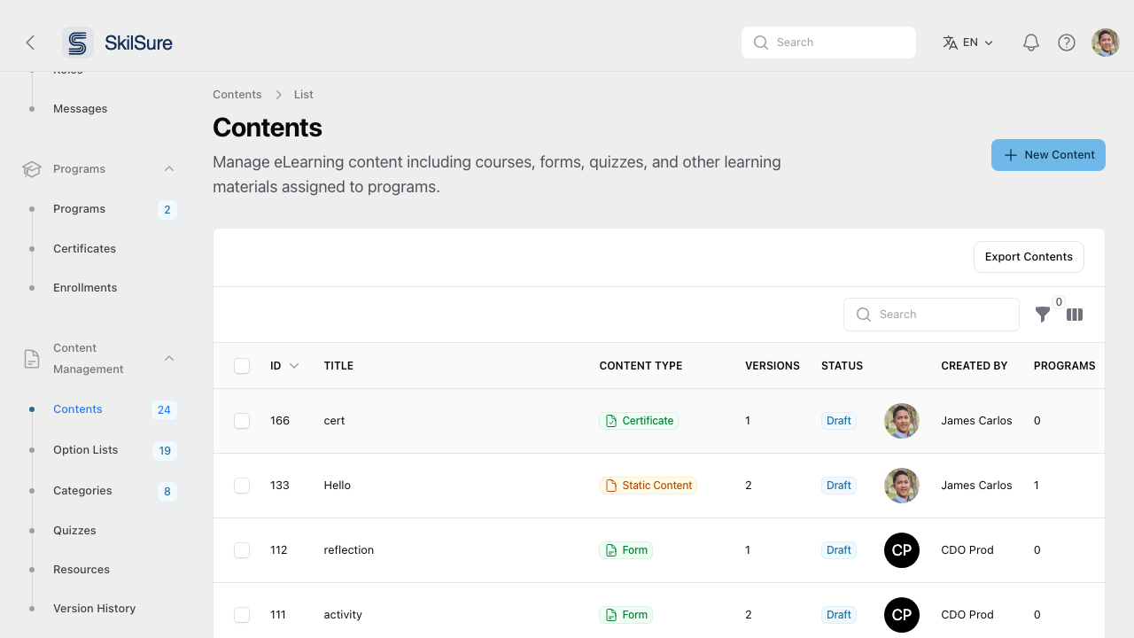 Content list showing pages, quizzes, activities, and other content types.