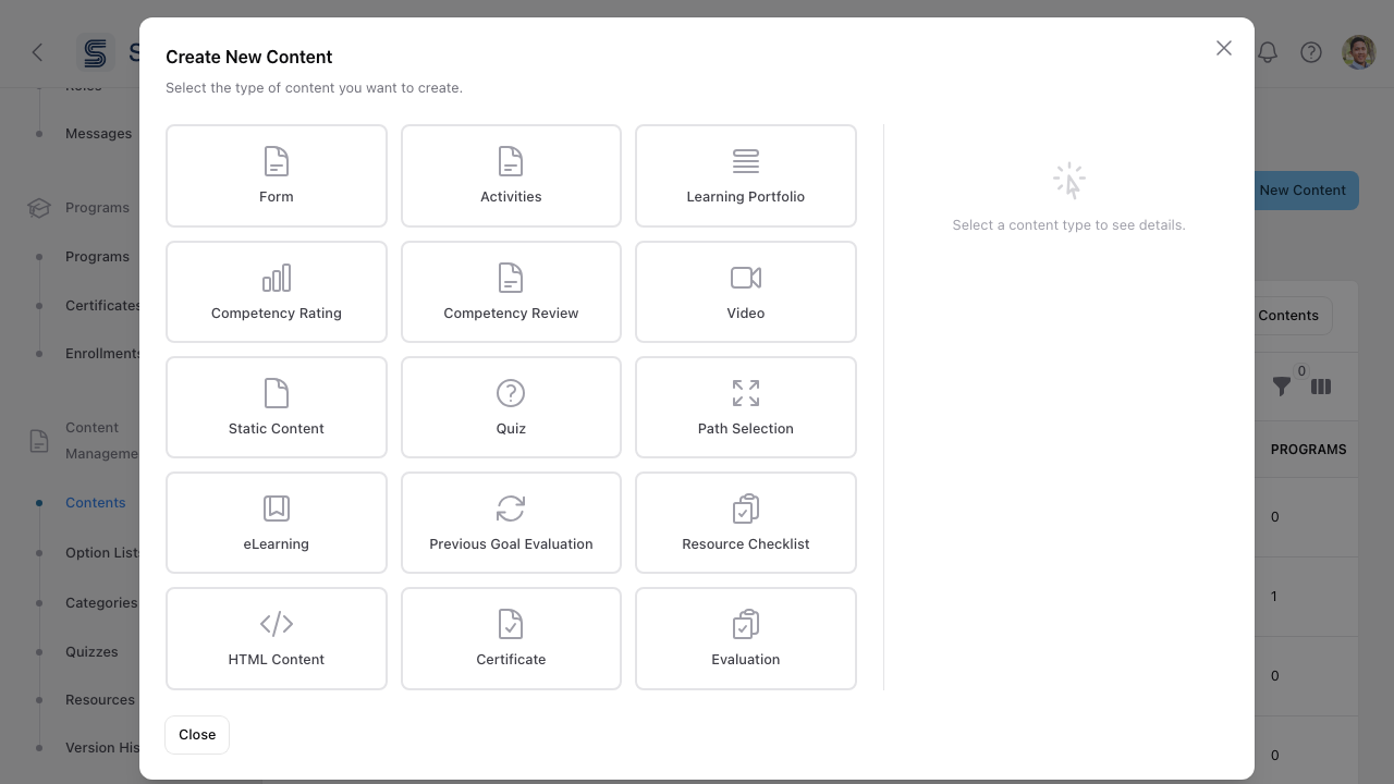 Content type picker with options like page, video, quiz, activity, upload.