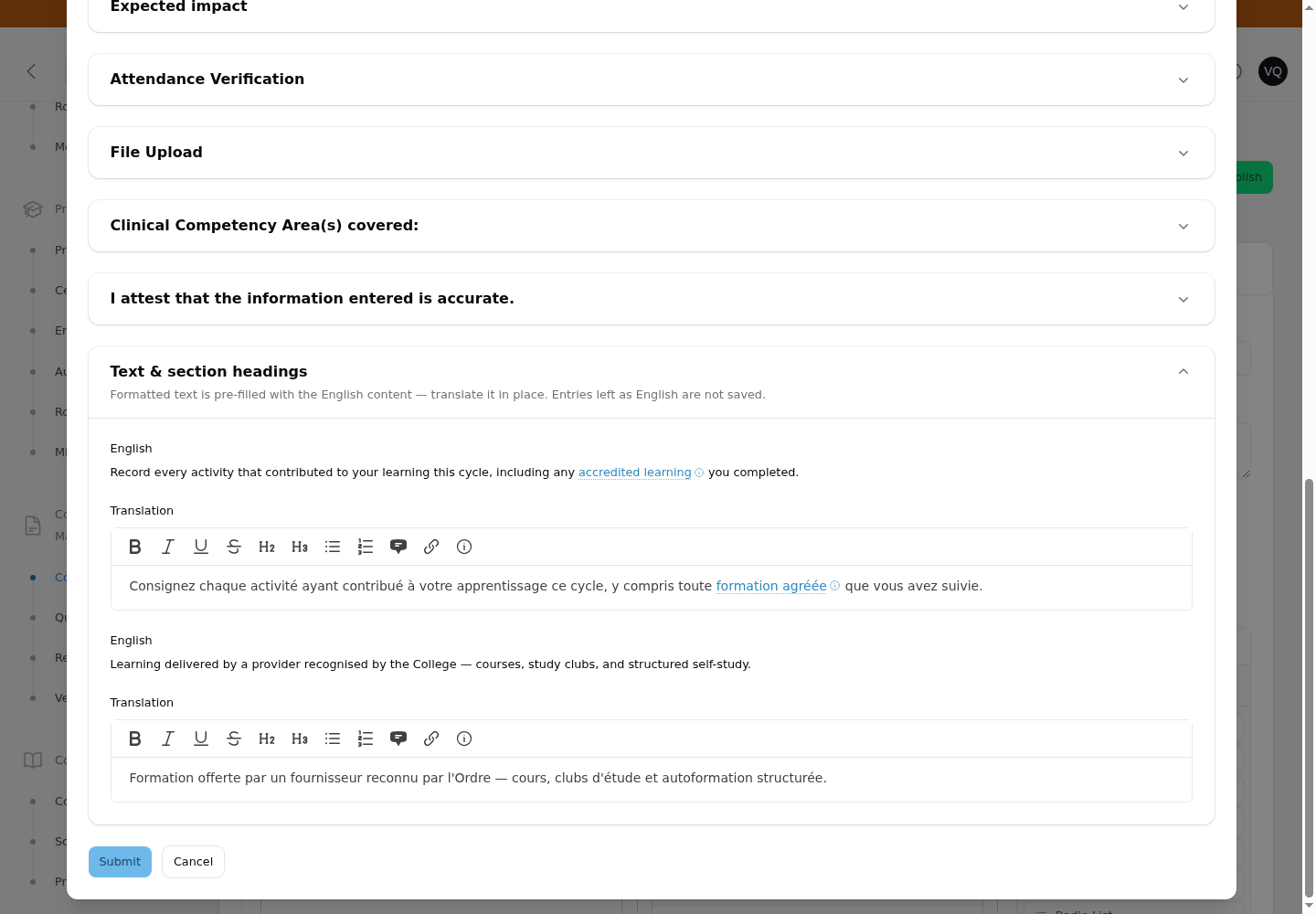 Translate modal, Text & section headings expanded. The English reads "Record every activity that contributed to your learning this cycle, including any accredited learning (i) you completed" with the definition word underlined; below it a rich text editor holds the French translation with "formation agréée (i)" underlined the same way. A second English/Translation pair below it holds the definition panel's own text.
