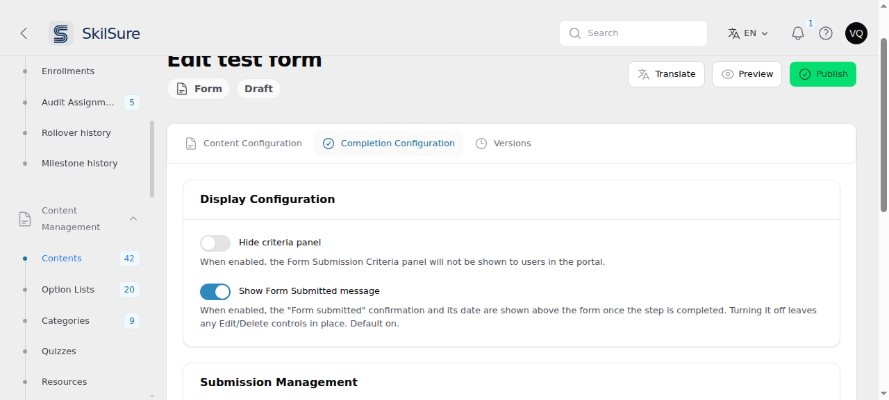 Completion Configuration tab of a Form content item, showing the Display Configuration section with two switches: "Hide criteria panel" off, and "Show Form Submitted message" on.