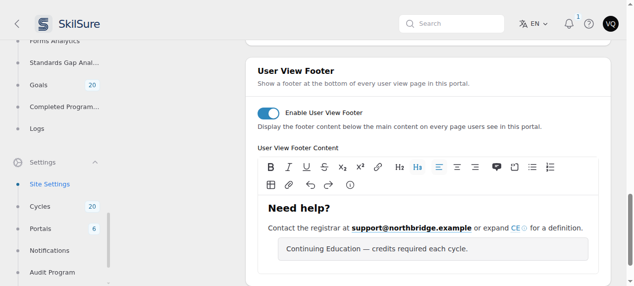 Portal Settings User View Footer section, with the toggle on and the footer content editor showing a heading, an email link and a collapsible term.