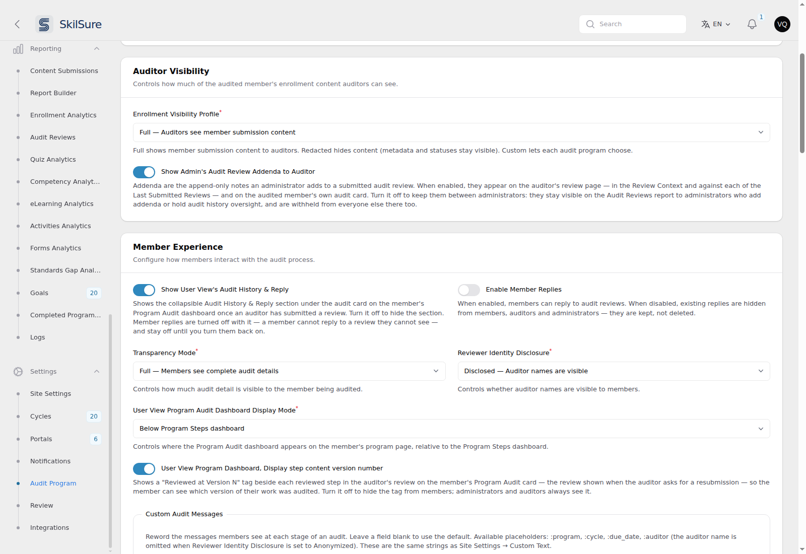 Audit Program settings: the Auditor Visibility section with Enrollment Visibility Profile set to "Full — Auditors see member submission content" and a "Show Admin's Audit Review Addenda to Auditor" switch turned on beneath it, then the Member Experience section whose "Show User View's Audit History & Reply" switch is on and "Enable Member Replies" is off.