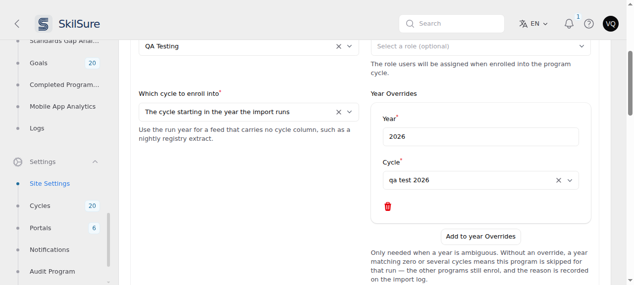 The Program Enrollment tab of a data import configuration, showing a program entry set to enrol into the cycle starting in the year the import runs, with a 2026 year override.