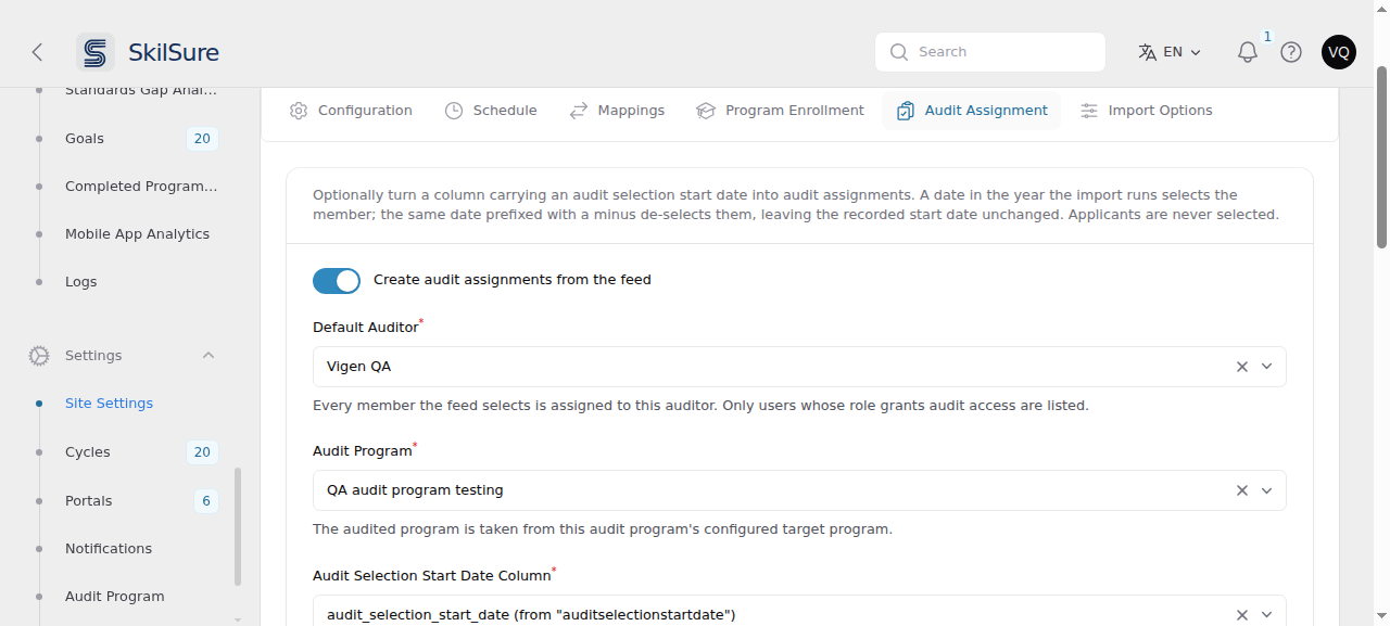 The Audit Assignment tab, with the feature enabled, a default auditor, an audit program and the audit selection start date column selected.