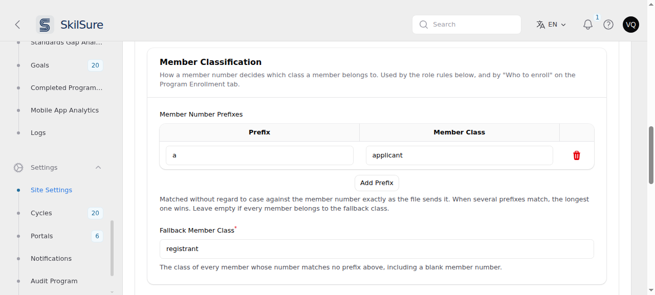 The Member Classification section of the Import Options tab, with one prefix row mapping "a" to the class "applicant", an Add Prefix button, and Fallback Member Class set to "registrant".