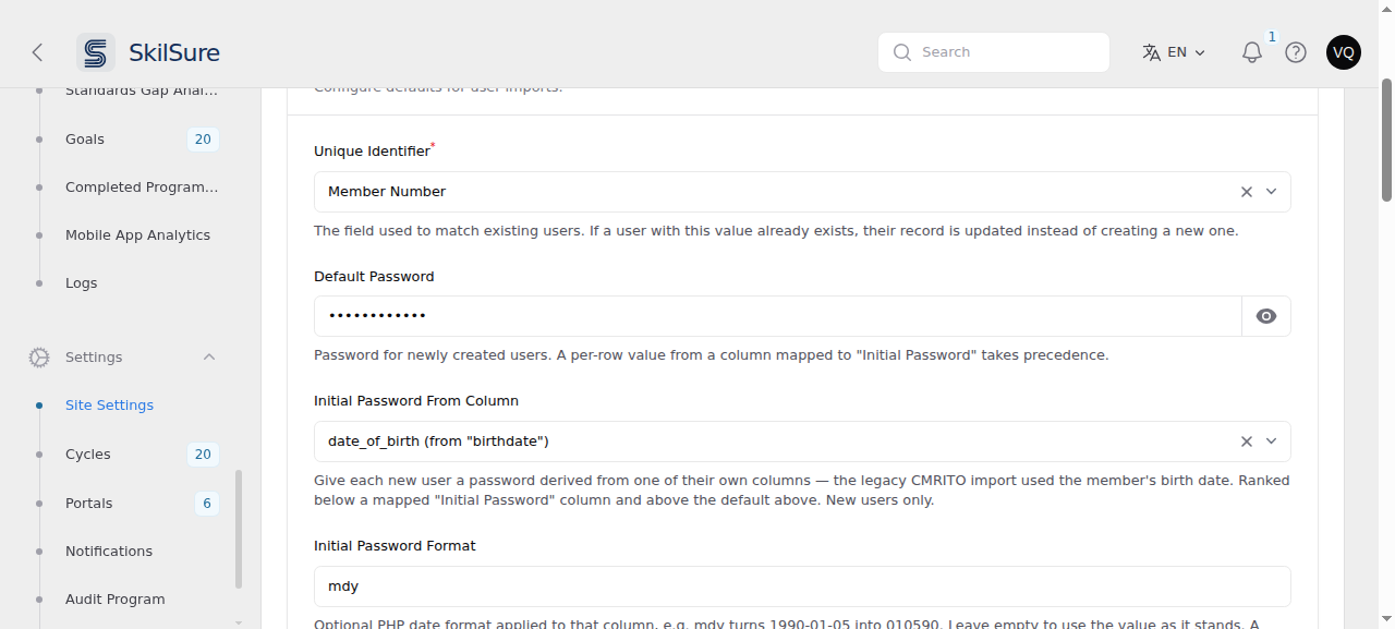 Import Options showing Initial Password From Column set to the date of birth column and Initial Password Format set to mdy, below the Default Password field.