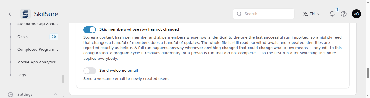 The Import Options tab with the Skip members whose row has not changed toggle switched on, above the Send welcome email toggle, and the explanatory text beneath it.