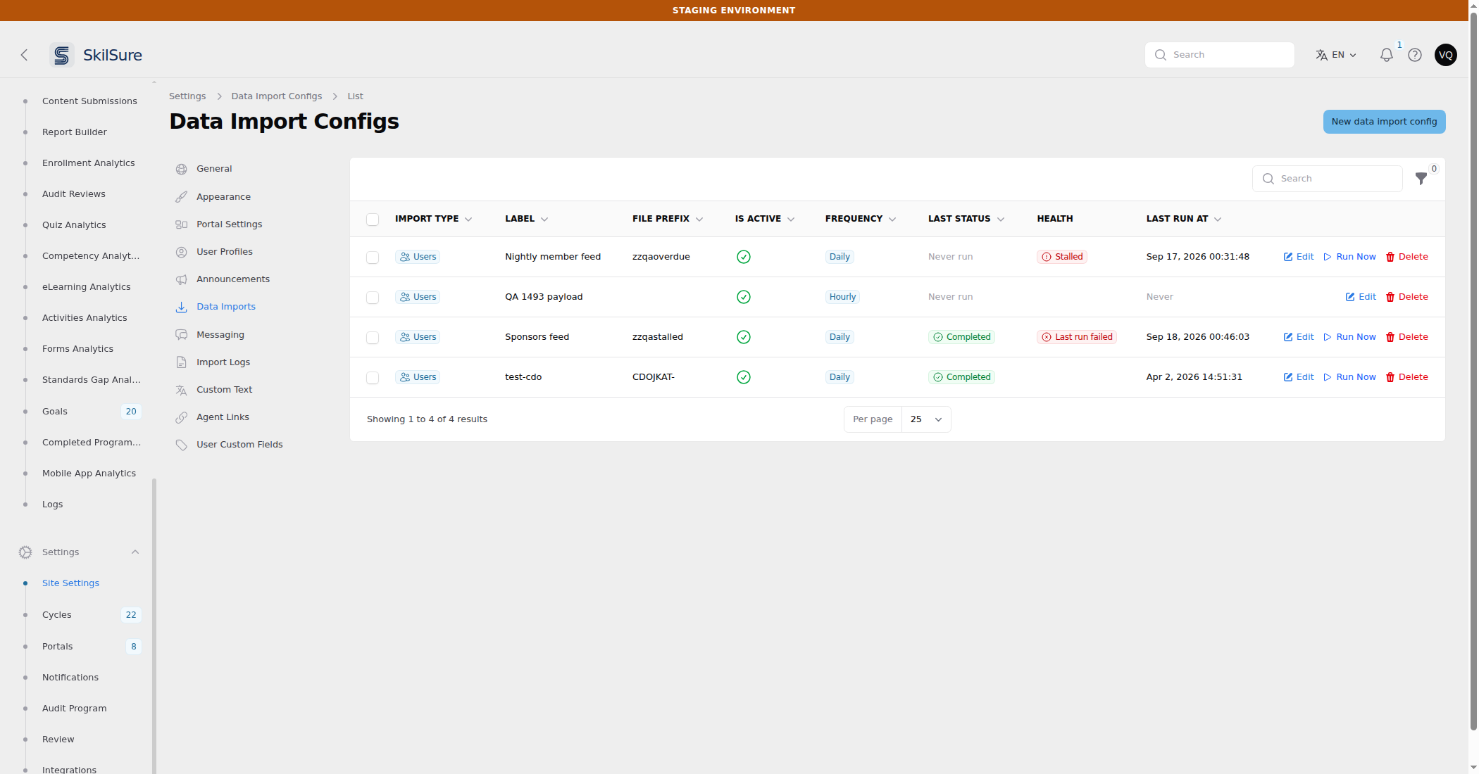 The Data Import Configs list with a Health column. One row is badged Stalled, another is badged Last run failed while its Last status column still reads Completed, and a healthy row has an empty Health cell.