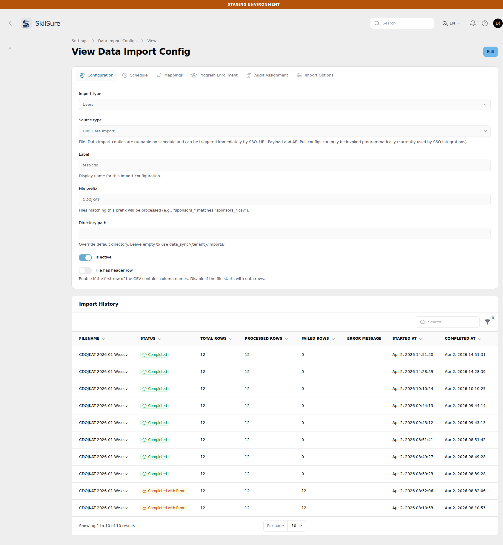 The View Data Import Config page: all six tabs across the top, the Configuration fields greyed out and uneditable, an Edit button in the header, and an Import History table beneath listing ten runs with Completed and Completed with Errors statuses.