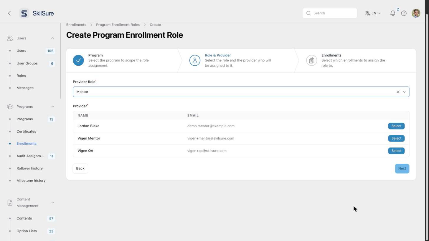 Step 2 of the Create Program Enrollment Role wizard, with Mentor chosen as the Provider Role and a list of providers to select from.