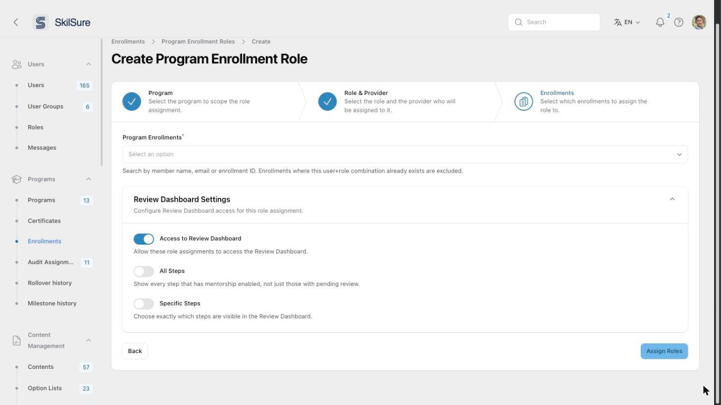 Step 3 of the wizard with the Review Dashboard Settings section open: Access to Review Dashboard on, and All Steps and Specific Steps off.