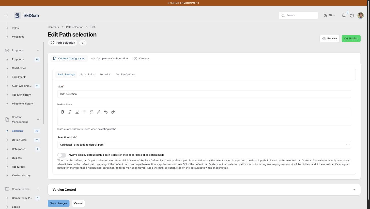 Basic Settings tab of a Path Selection content, showing Title, Instructions, Selection Mode set to Additional Paths (add to default path), and the Always display default path's path-selection step toggle.