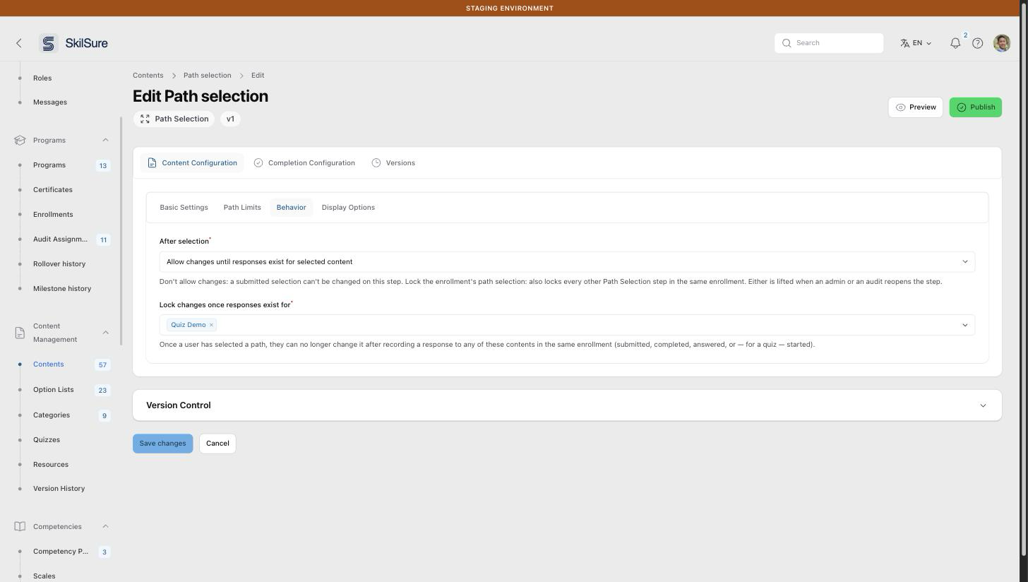 Behavior tab with After selection set to Allow changes until responses exist for selected content, and the Lock changes once responses exist for field showing a quiz named Quiz Demo.