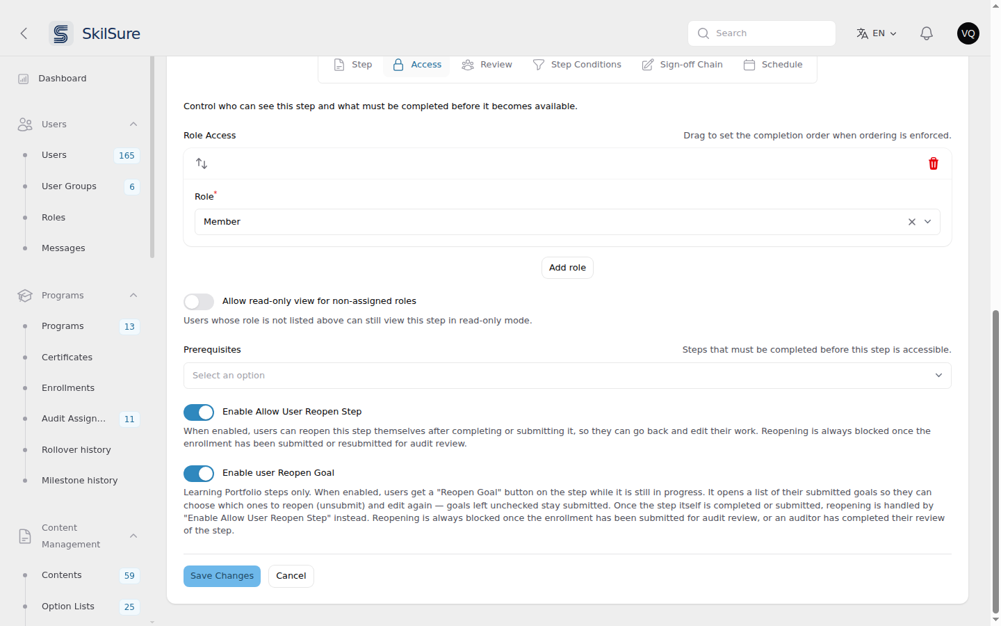 Access tab of a Learning Portfolio step with Enable Allow User Reopen Step on and, directly below it, the Enable user Reopen Goal toggle switched on with its helper text.