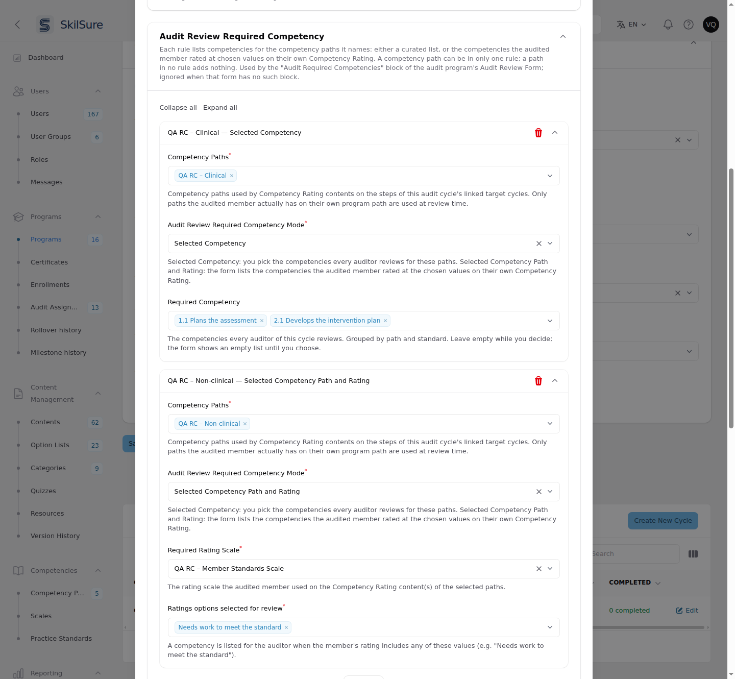 The Edit Cycle window opened from the program's Cycles tab, showing the same Audit Review Required Competency section with its two rules.