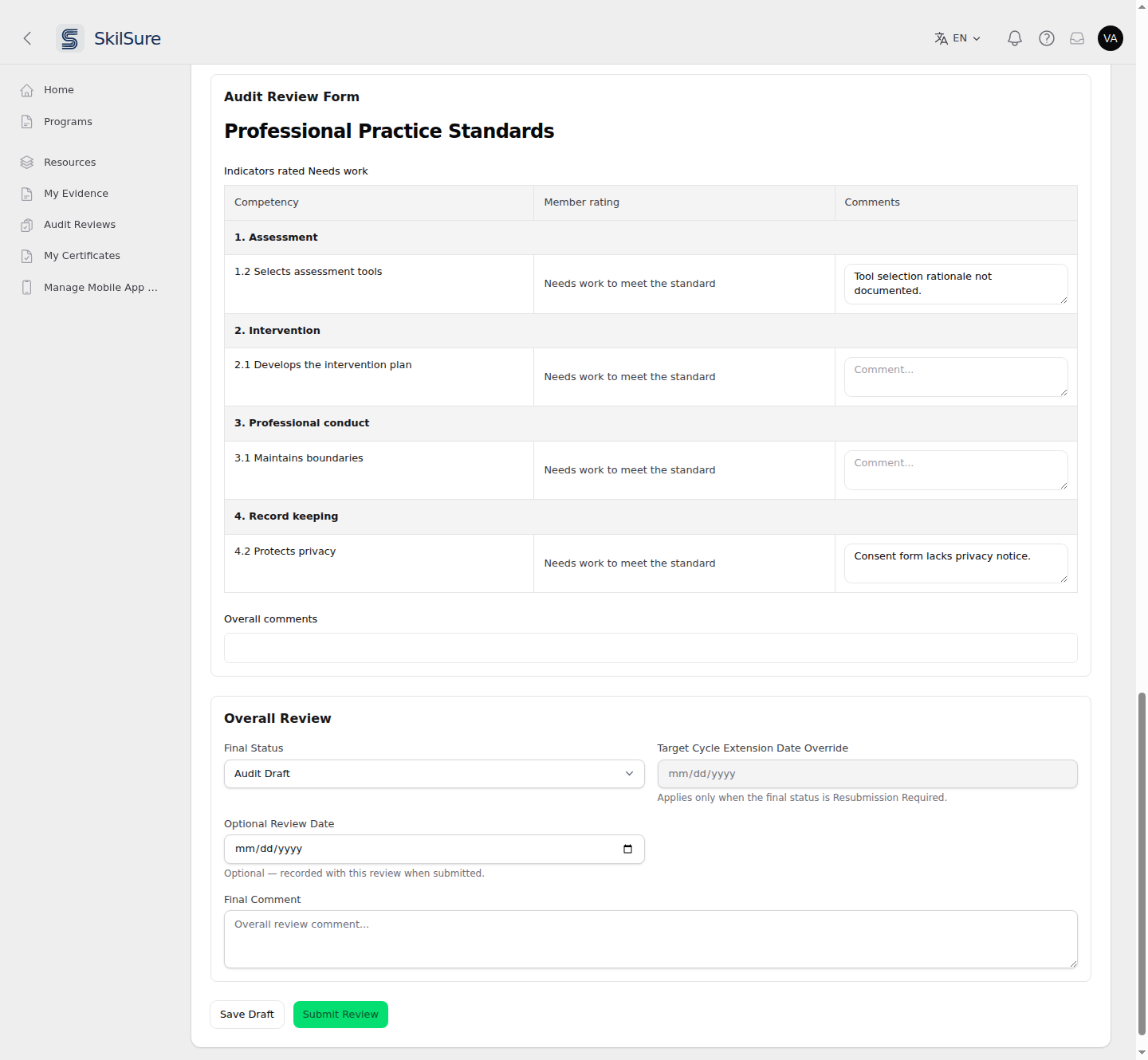 An Audit Required Competencies list: competencies grouped by standard with the member's rating and a comment box per row, with comments entered on two rows.