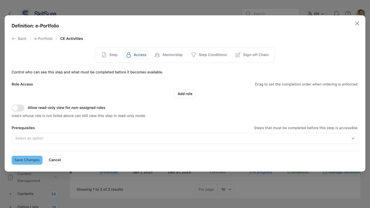 Access tab with Role Access list, Allow read-only for non-assigned roles toggle, and a Prerequisites selector.