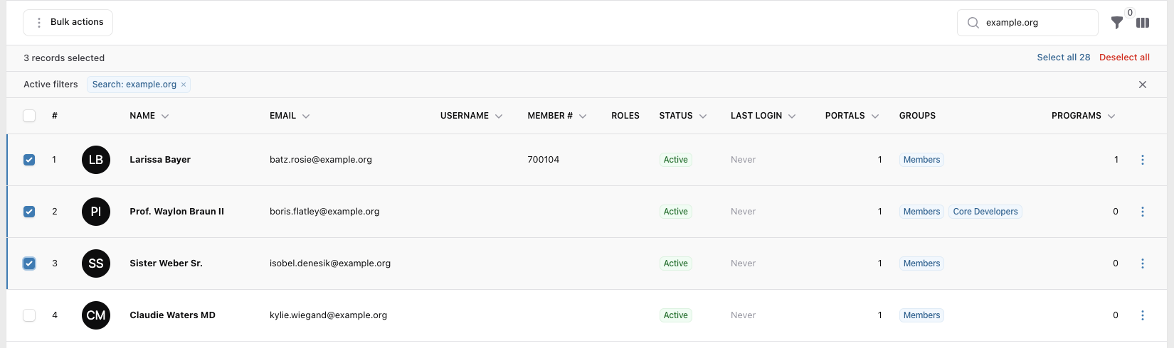 The Users list with three users ticked, "3 records selected" shown above the table, and the Bulk actions button at the top-left.