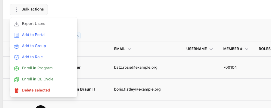 The Bulk actions menu open, listing Export Users, Add to Portal, Add to Group, Add to Role, Enroll in Program, Enroll in CE Cycle, and Delete selected.