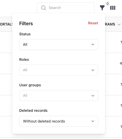 The Users list's Filters panel, with Status, Roles, User groups, and a Deleted records filter set to "Without deleted records".