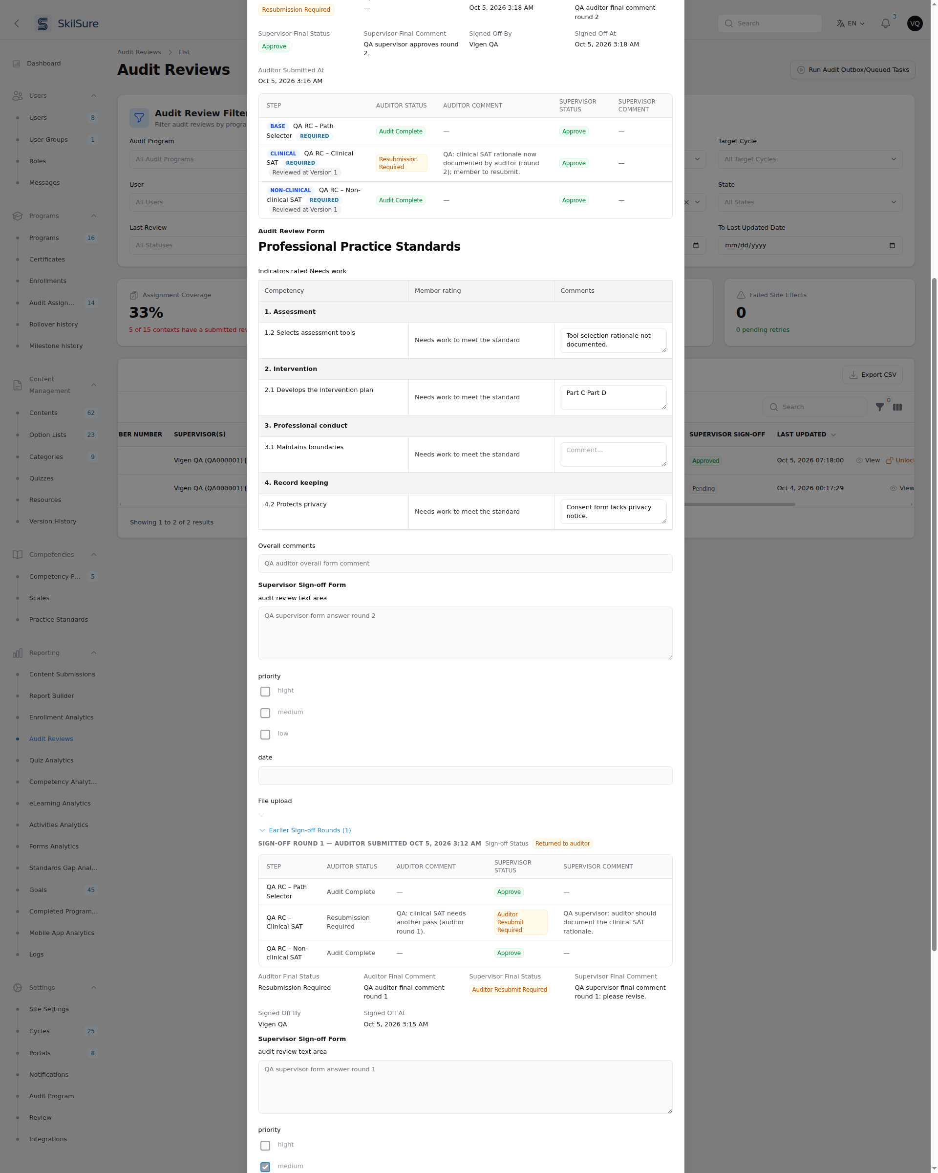 Audit Reviews View modal for a review with an approved sign-off round, showing Supervisor Final Status, Signed Off By, the Supervisor Status and Supervisor Comment columns and the Earlier Sign-off Rounds list.