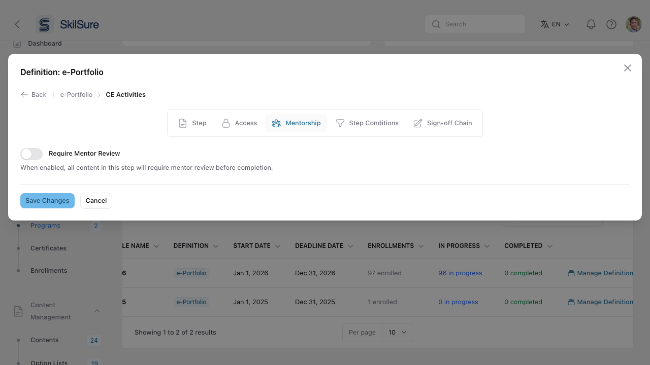 Mentorship tab with a Require Mentor Review toggle.
