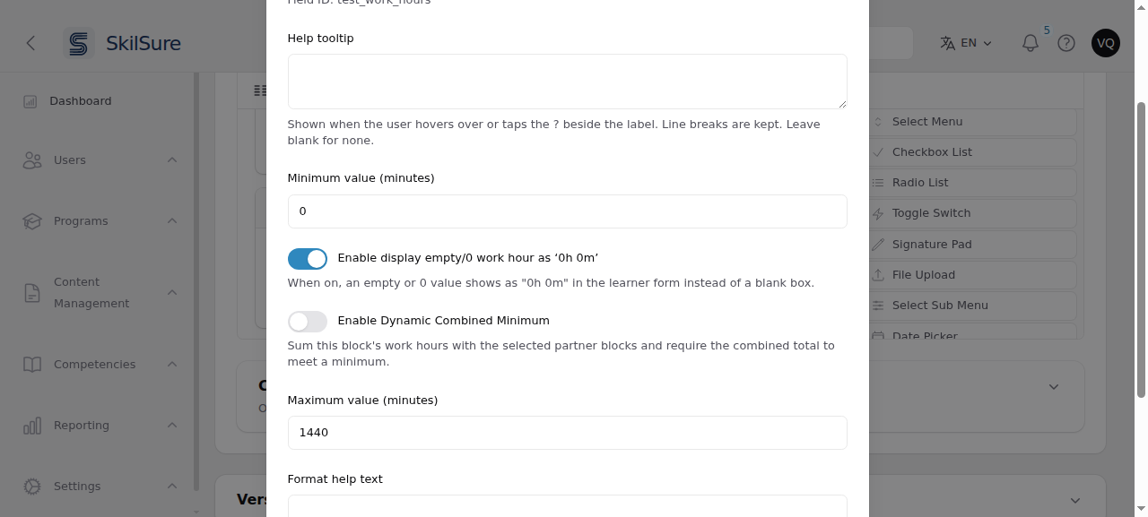 Work Hours block settings with the "Enable display empty/0 work hour as ‘0h 0m’" switch turned on, directly above "Enable Dynamic Combined Minimum".