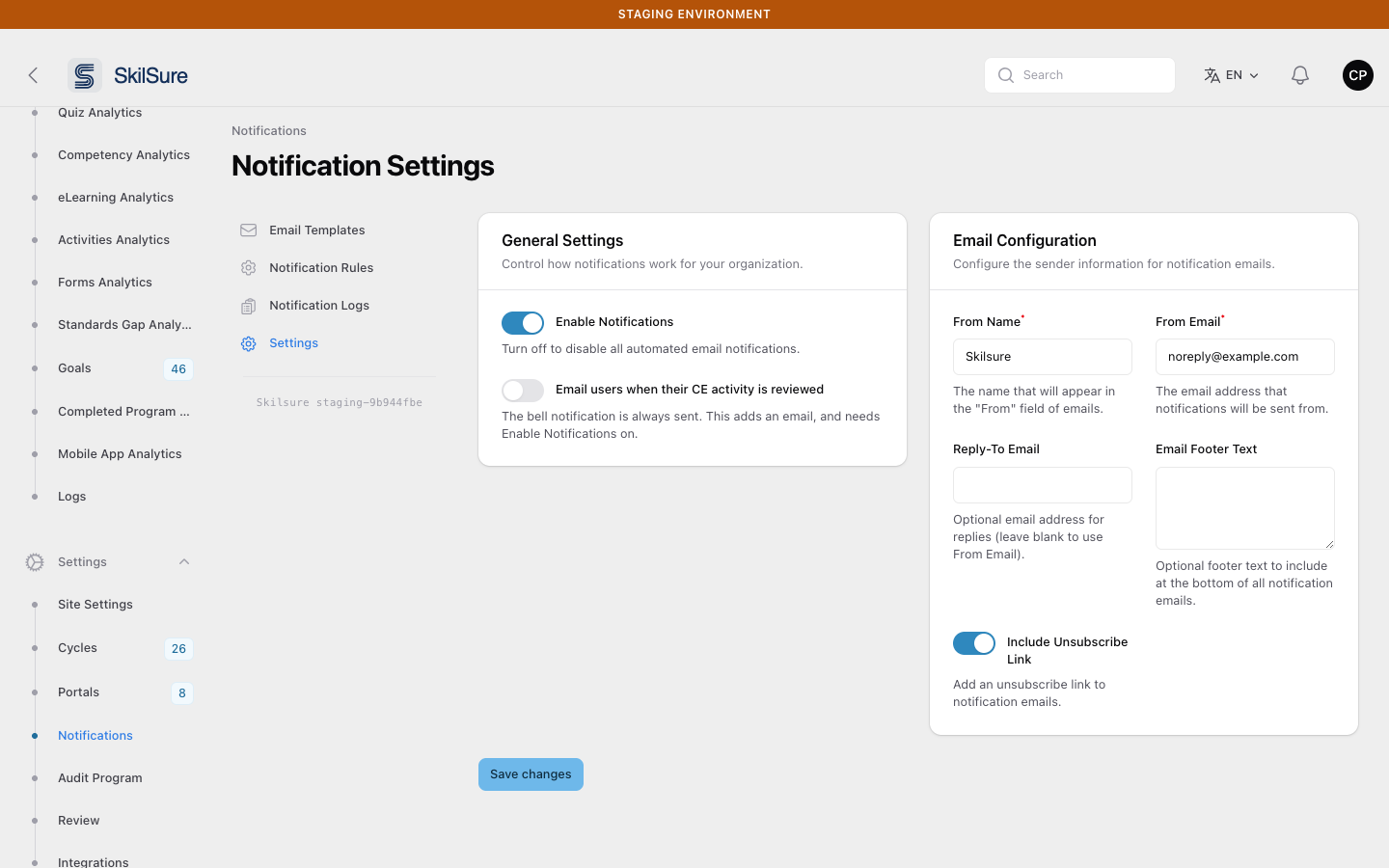Notification Settings page. In General Settings, Enable Notifications is on and "Email users when their CE activity is reviewed" is off, with the helper text "The bell notification is always sent. This adds an email, and needs Enable Notifications on."