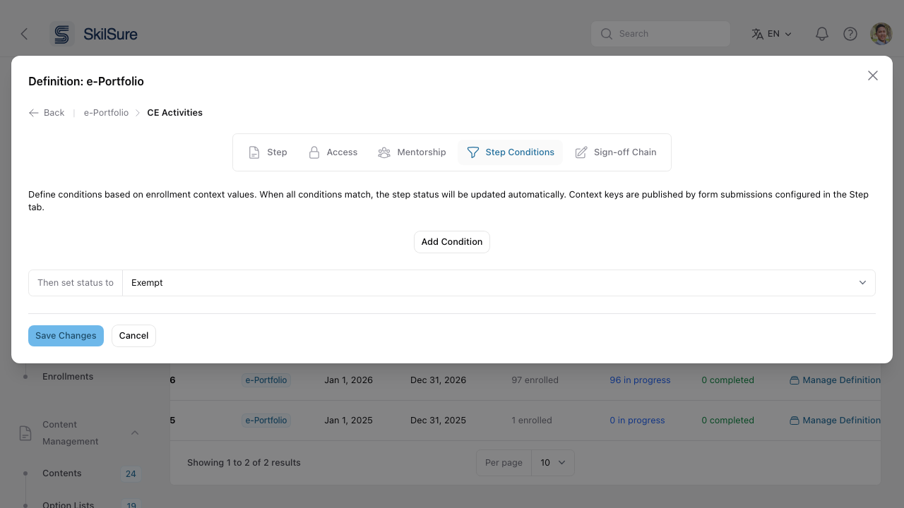 Step Conditions tab with Add Condition button and a Then set status to dropdown defaulting to Exempt.
