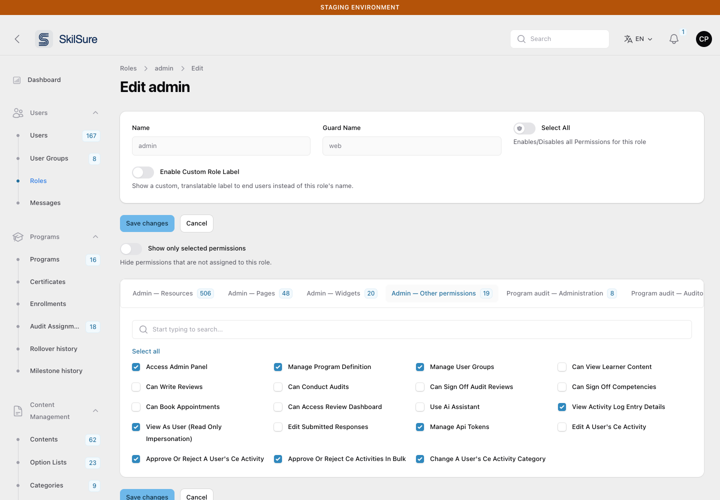 Edit role page on the Admin — Other permissions tab, with Approve Or Reject A User's Ce Activity, Approve Or Reject Ce Activities In Bulk and Change A User's Ce Activity Category ticked.