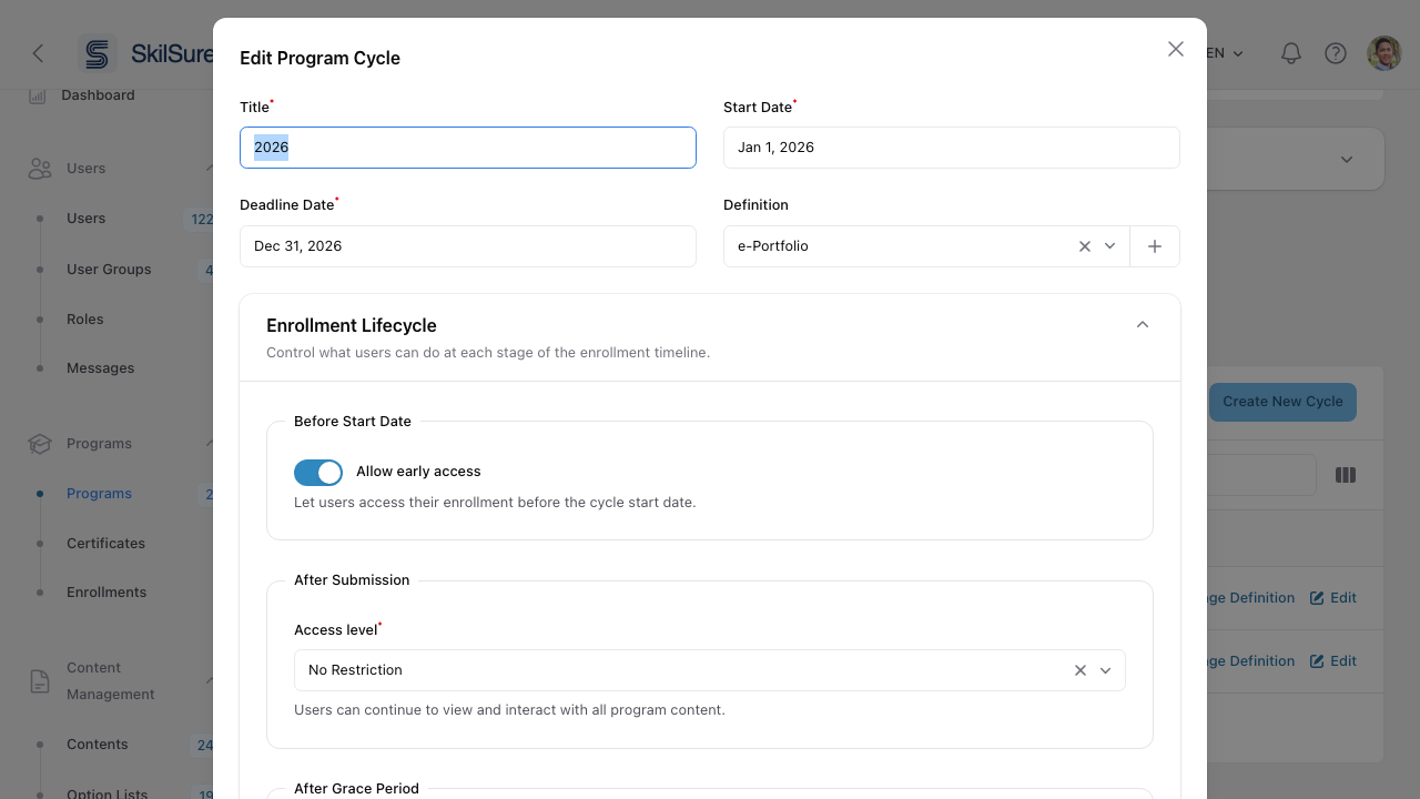 Edit Program Cycle dialog with title, start date, deadline date, definition selector, and enrollment lifecycle settings.