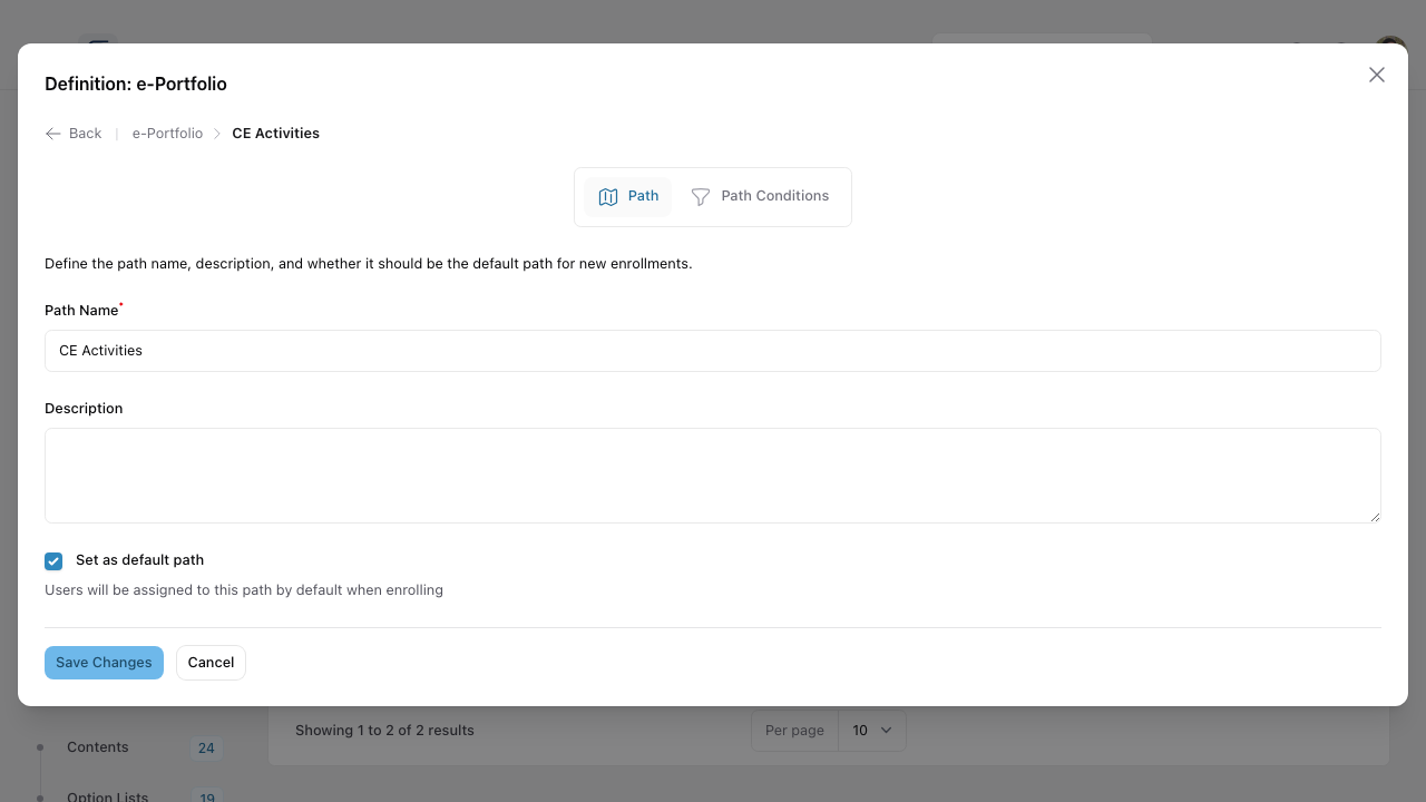 Path edit dialog with name, description, and a Set as default path toggle.