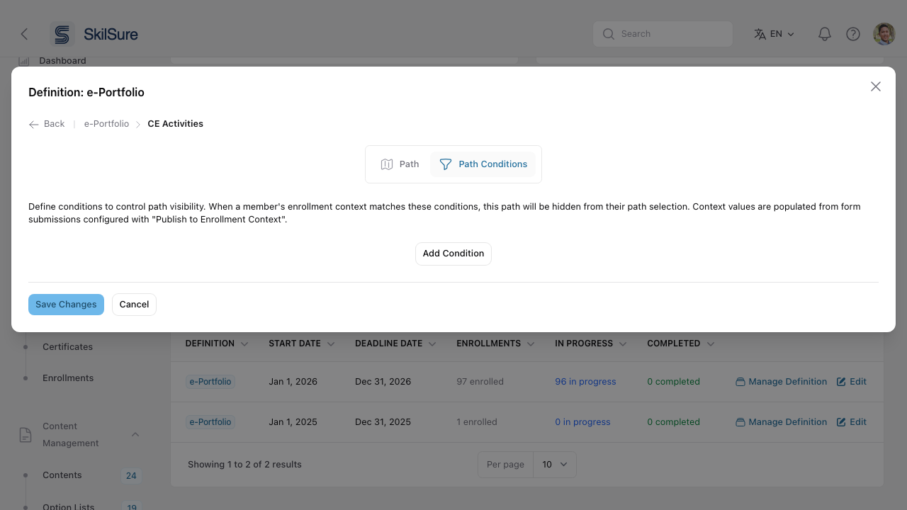 Path Conditions tab explaining context-based visibility rules with an Add Condition button.