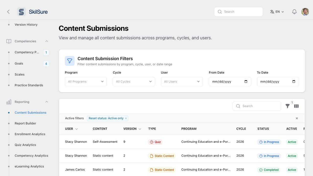 Content Submissions page with filters for program, cycle, user, and date range, plus a table of submissions with status badges.