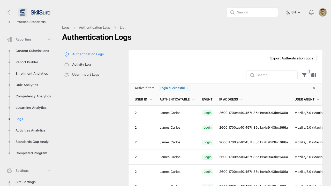 Authentication Logs page with sub-nav showing Authentication Logs, Activity Log, and User Import Logs, and a table of login events.