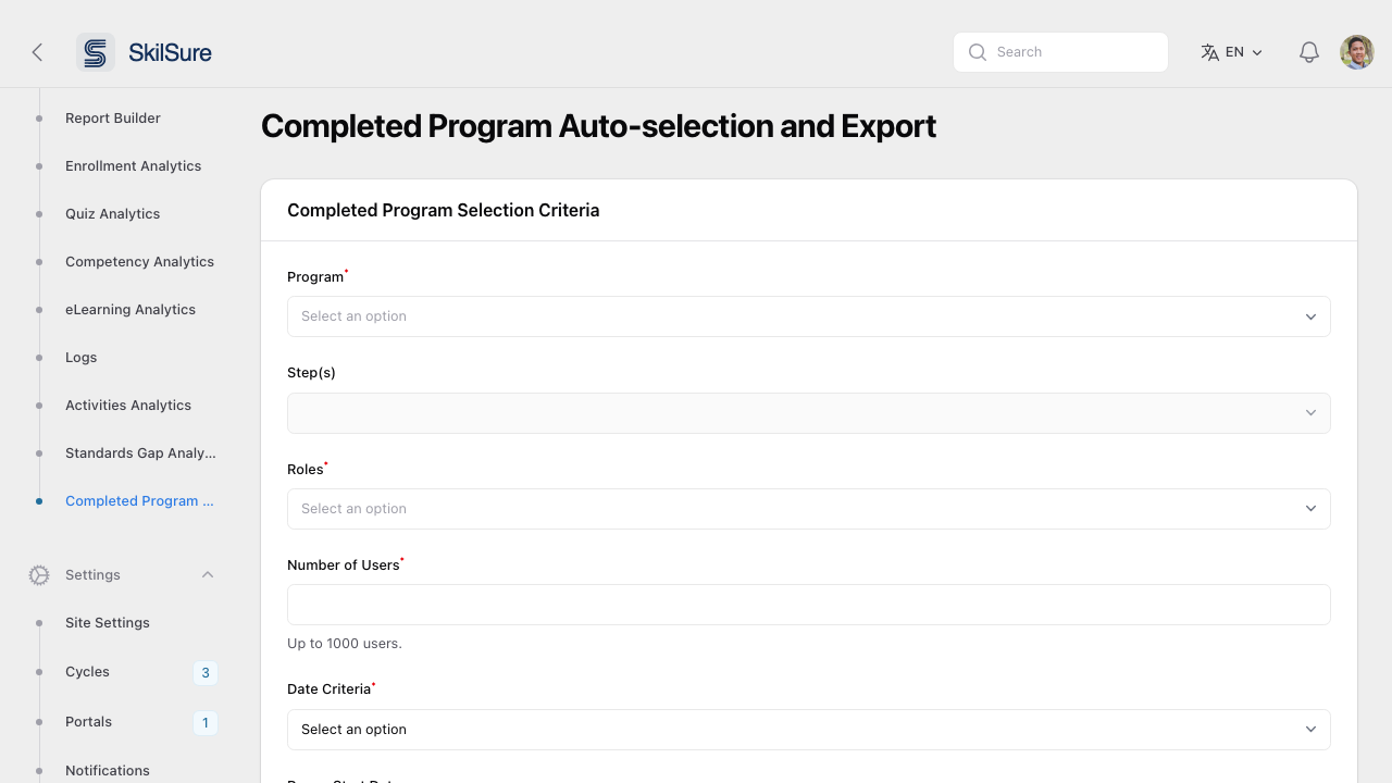 Completed Program Auto-selection and Export form with fields for Program, Steps, Roles, Number of Users, Date Criteria.
