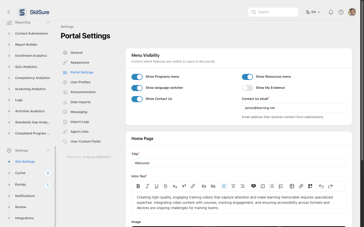 Portal Settings page with Menu Visibility toggles, Contact Us email, and the start of the Home Page editor.