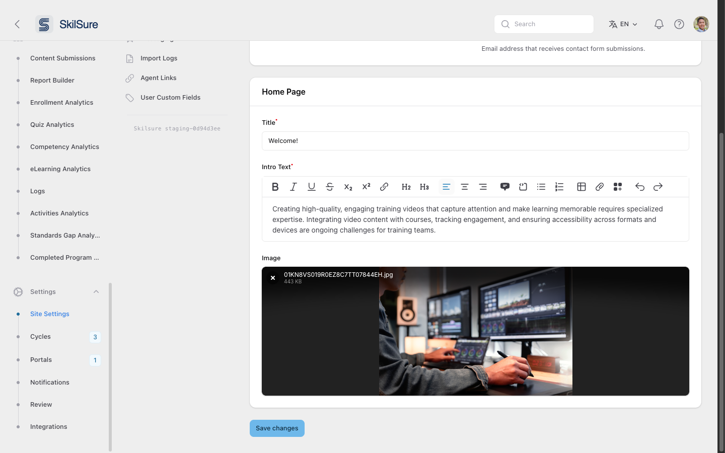 Home Page section of Portal Settings with Title, Intro Text rich editor, and Image upload.