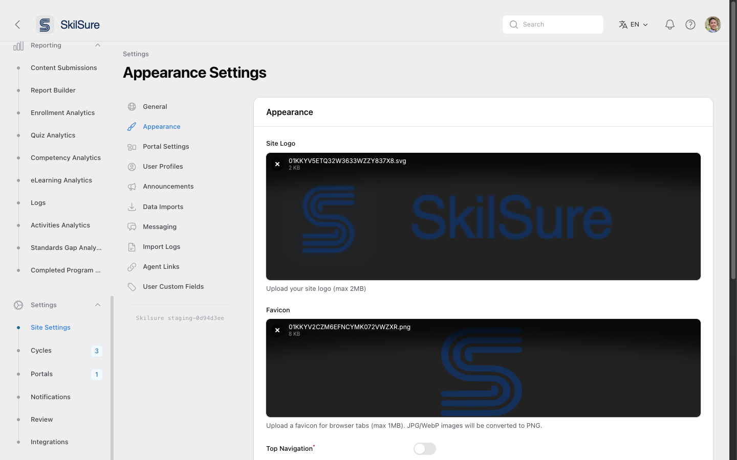 Appearance Settings page with Site Logo and Favicon upload areas.