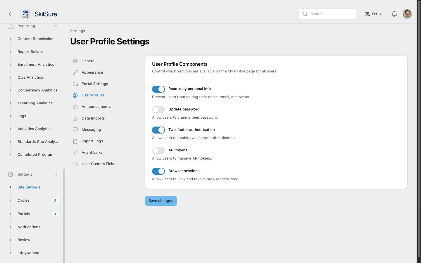 User Profile Settings with toggles for Read-only personal info, Update password, Two-factor authentication, API tokens, and Browser sessions.