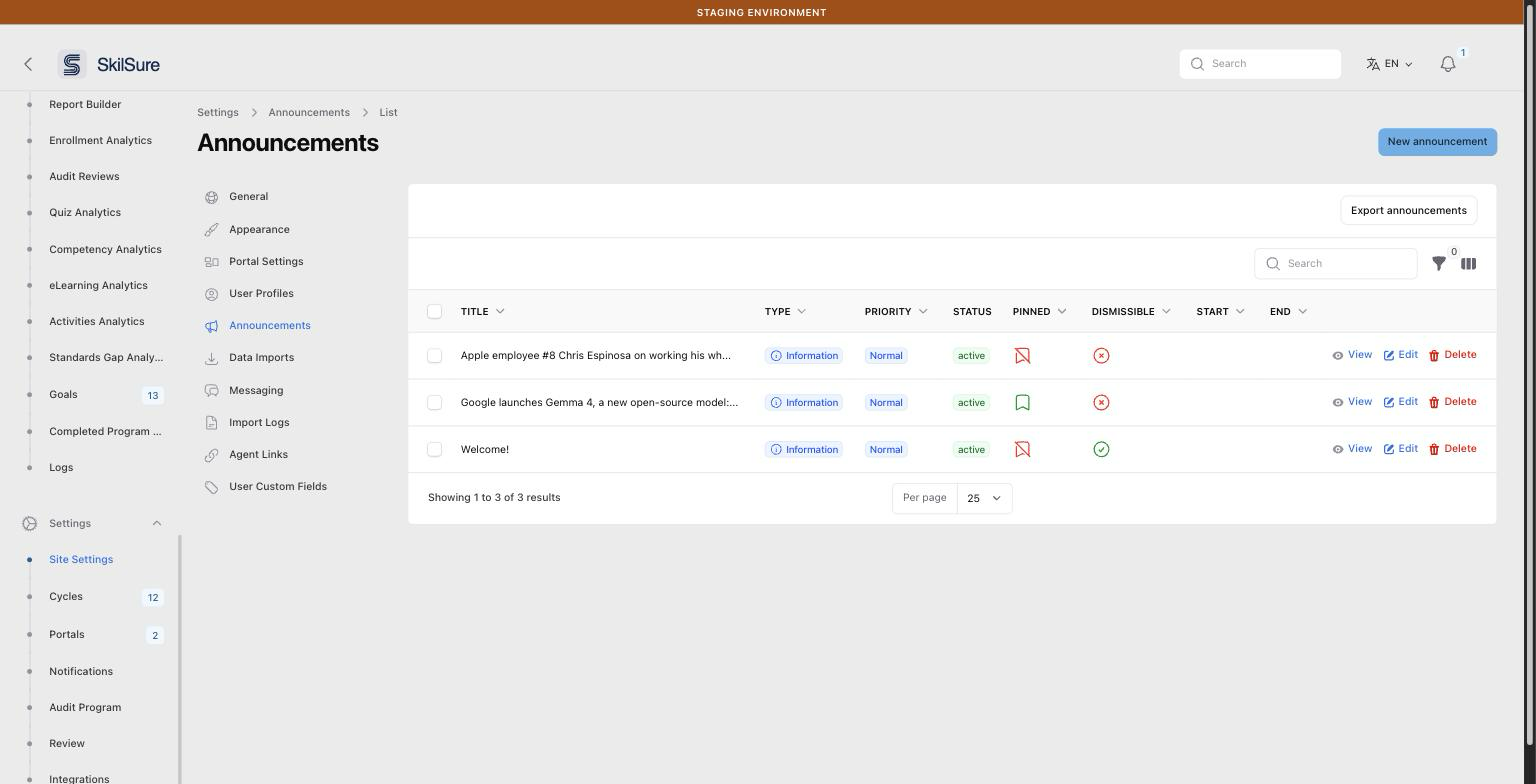 Announcements list page with three announcements. Columns show Title, Type, Priority, Status, Pinned, Dismissible, Start and End, with View, Edit and Delete actions on each row.