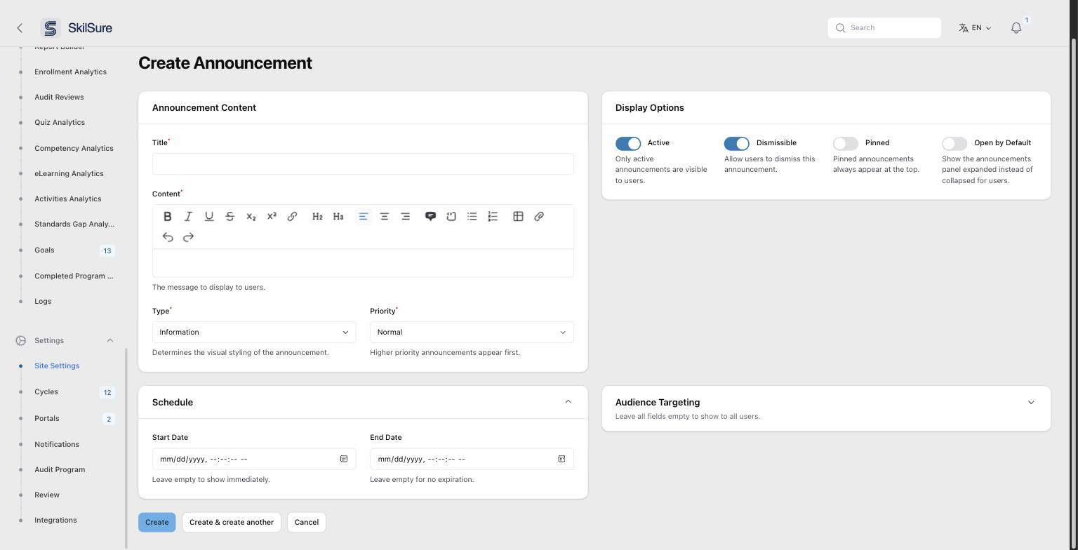 Create Announcement form. Announcement Content panel on the left with Title, a rich-text Content editor, Type and Priority; Display Options on the right with Active, Dismissible, Pinned and Open by Default toggles; Schedule panel with Start and End Date below.