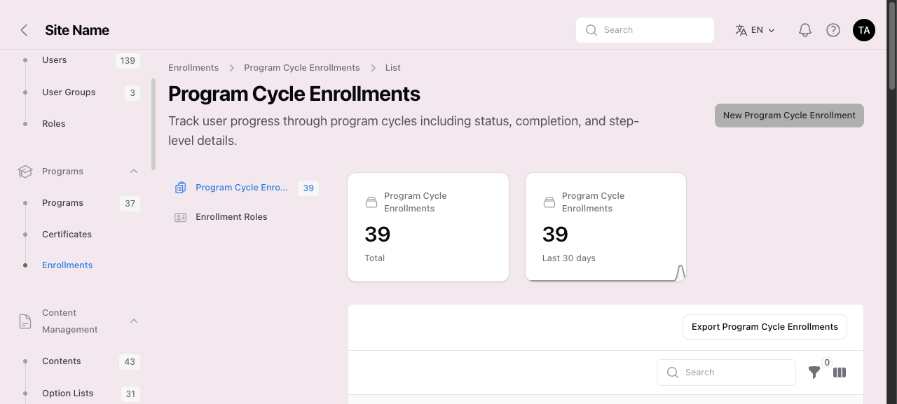 The Program Cycle Enrollments list under Programs → Enrollments, with total and last-30-days counts.