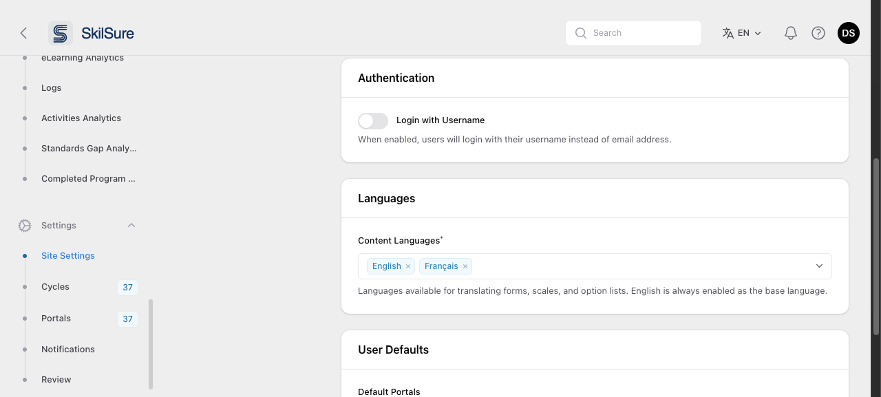 General Settings page showing the Languages section with a Content Languages multi-select containing English and Français.