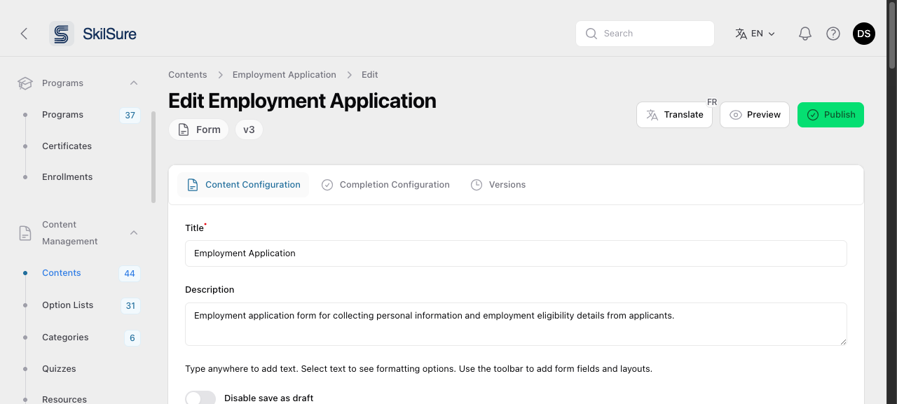 Form edit page header with a Translate button carrying a small FR badge, next to Preview and Publish.