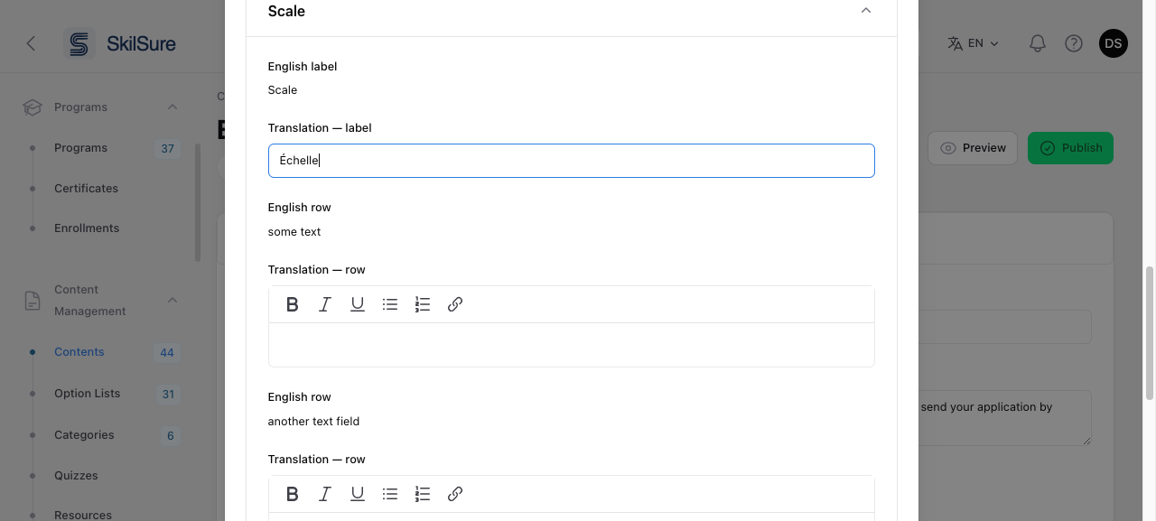Expanded Scale section in the Translate modal showing an English label with its translation input, and English rows each followed by a rich text editor with bold, italic, underline, list, and link tools.