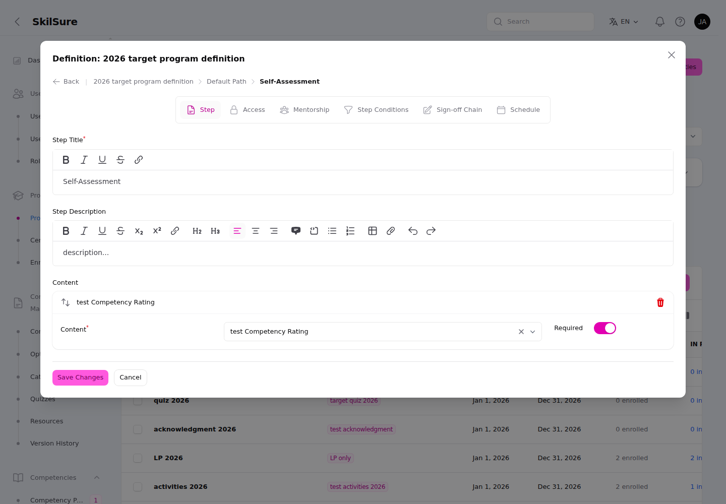 Step tab of the definition editor with a rich-text Step Title editor, a rich-text Step Description editor, and a Content section with a content picker and a Required toggle.